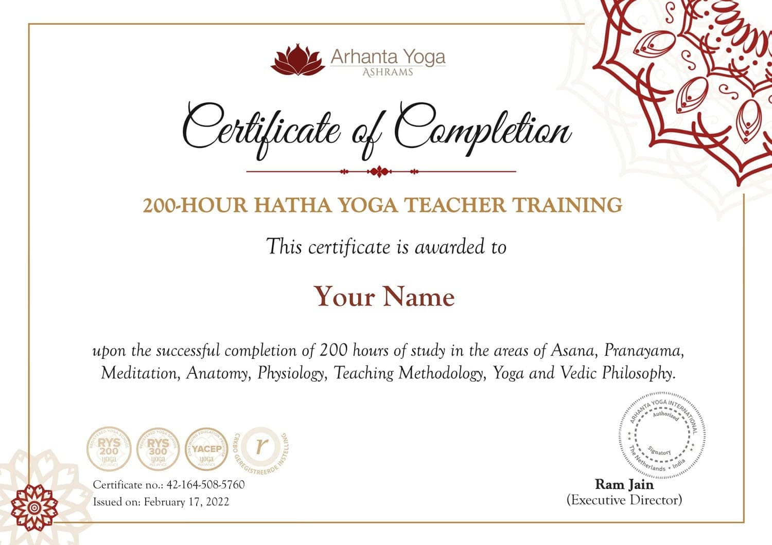 200 timers Hatha yogalæreruddannelsescertifikat