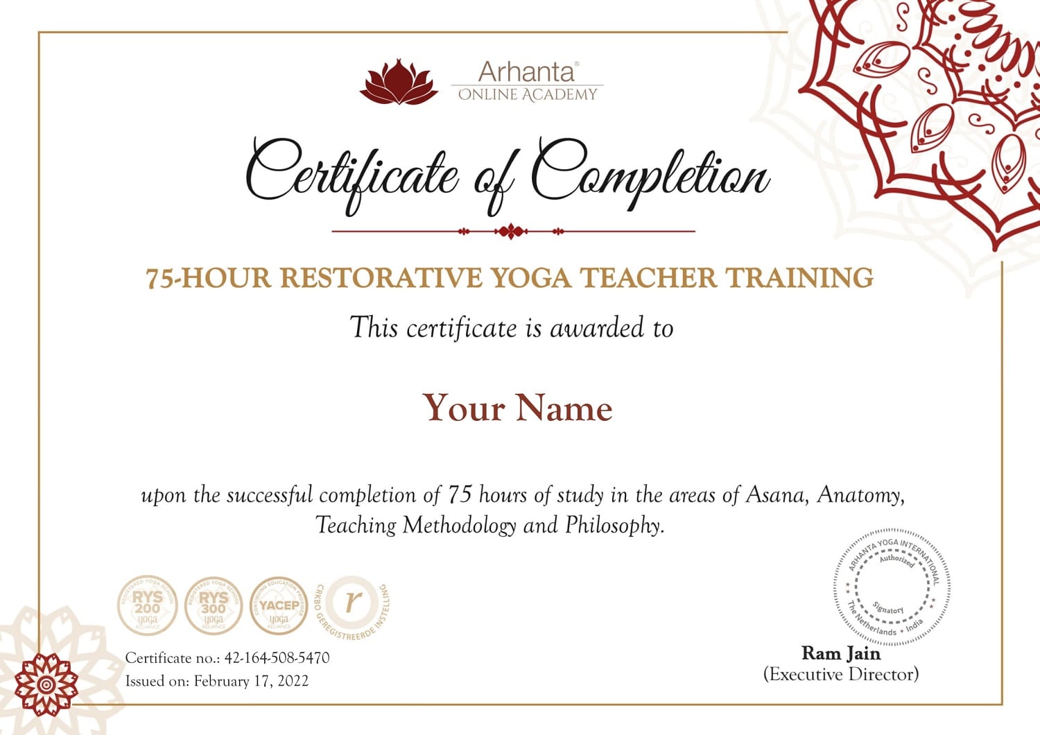 Certifikat for Restorativ Yogalæreruddannelse