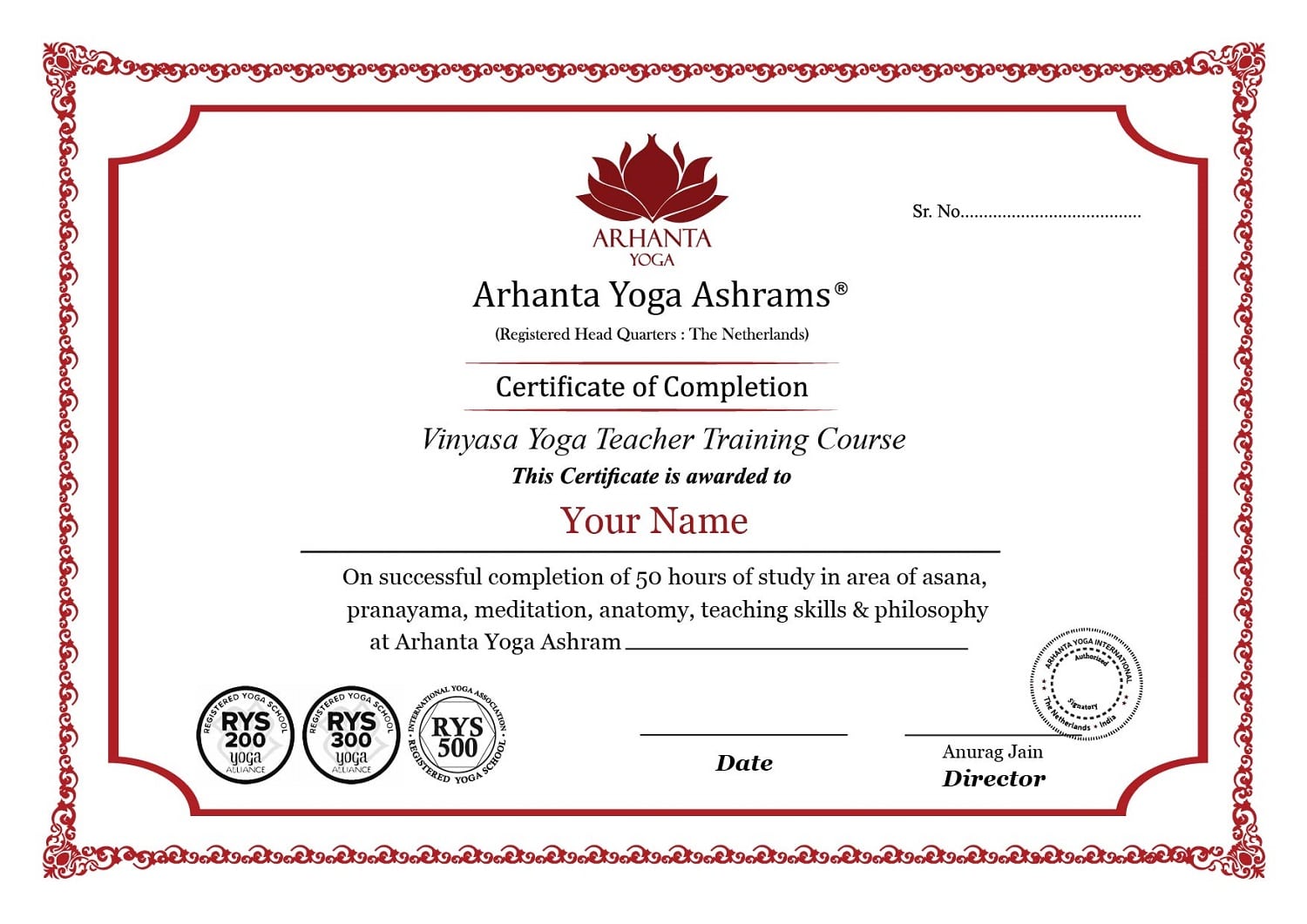 Vinyasa yoga læreruddannelse Certifikat