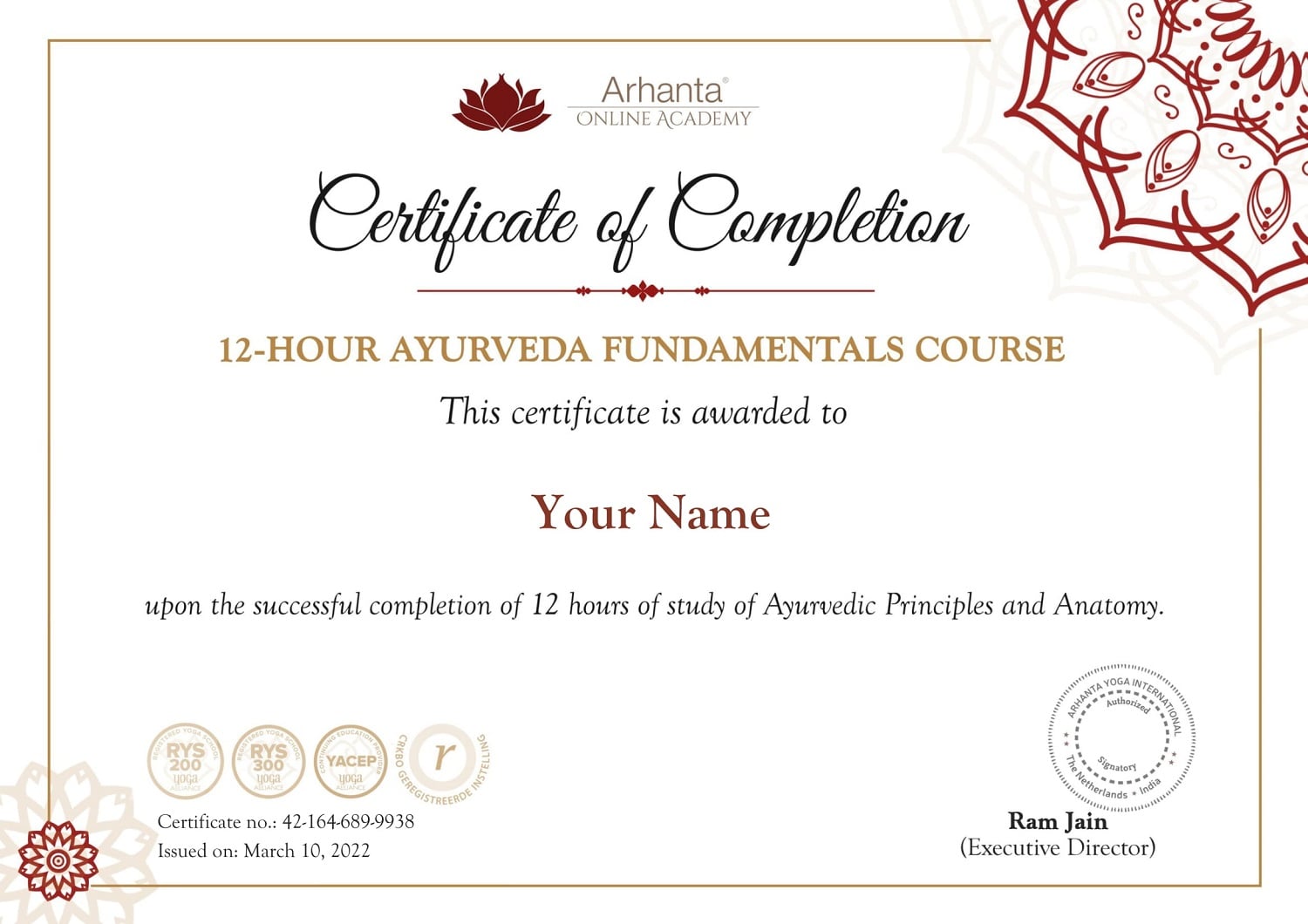 Certificat de cours d'Ayurveda en ligne