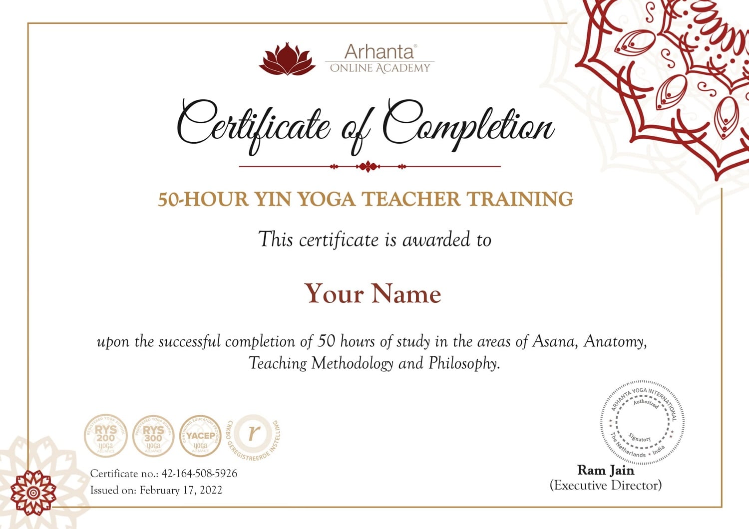 Certificato di formazione per insegnanti di yin yoga di 50 ore