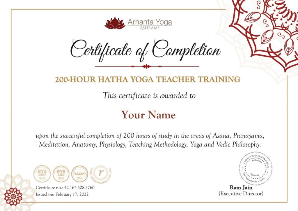 200 uur Hatha Yoga Docenten Opleiding Certificaat