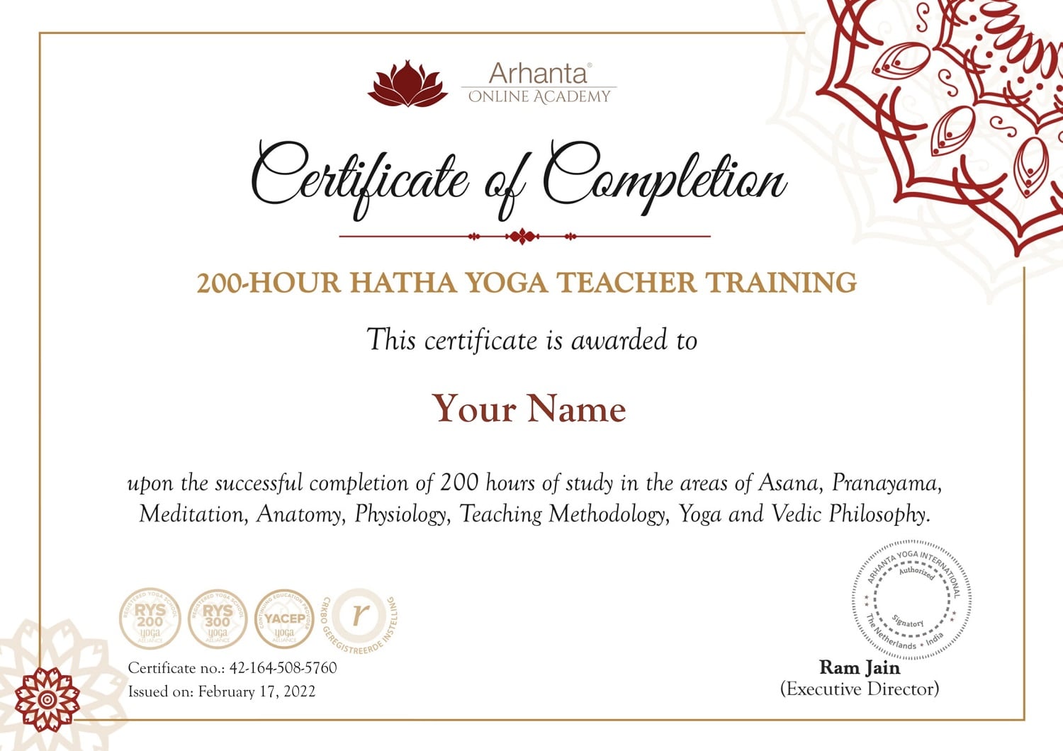 200 Hour Hatha Yoga Teacher Training Certificate