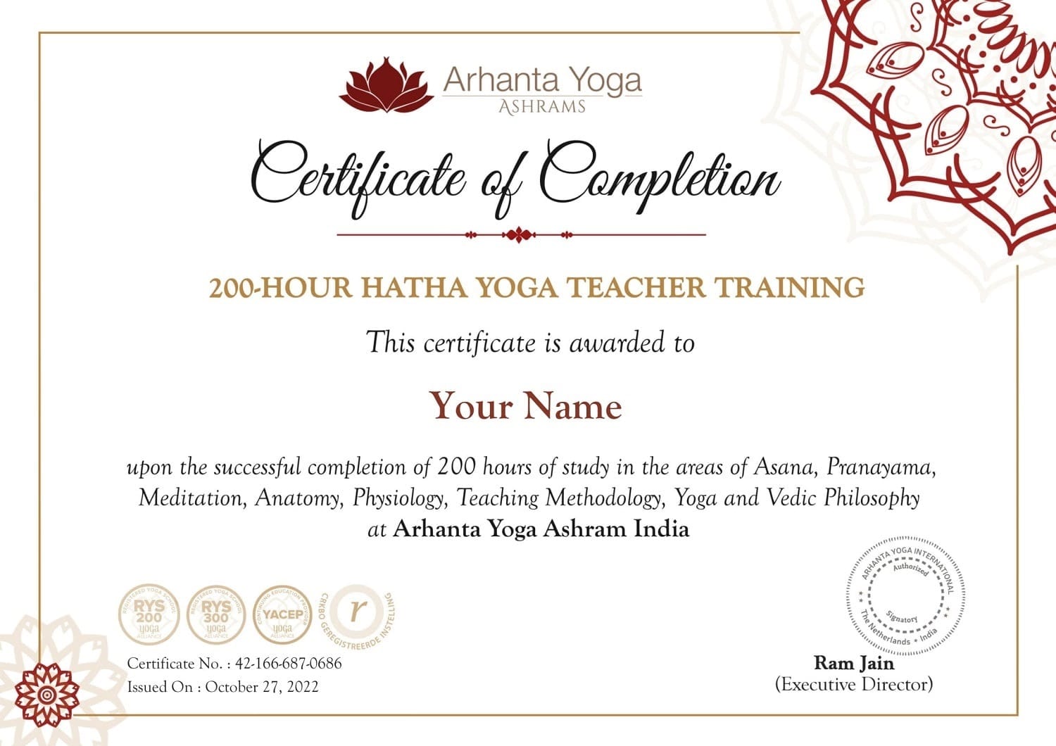 200 Hour Hatha Yoga Teacher Training Certificate