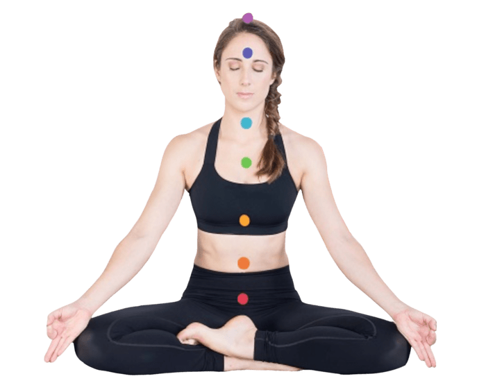 A young woman sits in an easy seated position and activates blocked chakras in the body.