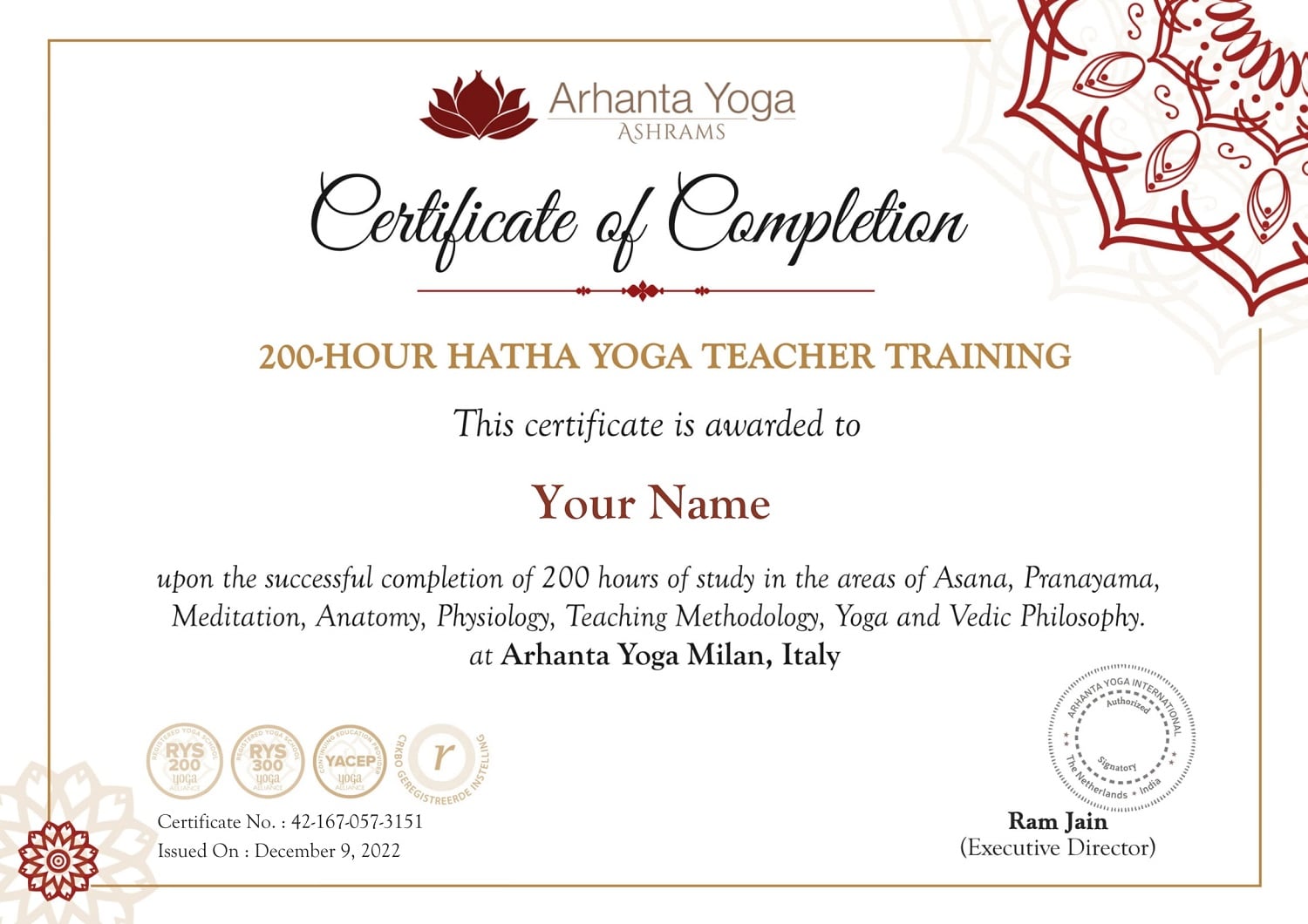 200-Hour Hatha Yoga Teacher Training Milan Certificate