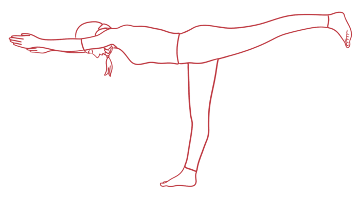 Balancing Stick: Yoga pose standing on one leg while leaning the torso forward and extending the other leg straight back, forming a T-shape with the body parallel to the ground.