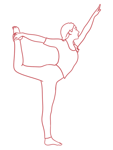 Dancer Pose: One legged standing yoga pose holding the ankle of the raised foot behind them with one hand, while the other arm reaches forward, creating a bow-like posture.
