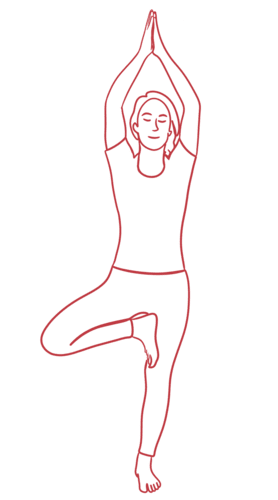 Tree Pose: Yoga balancing stance with arms overhead and one leg rested against the inner thigh.
