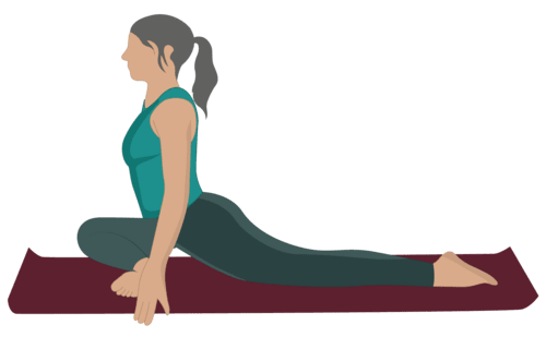 A female yoga practitioners straightens her knee in Eka Pada Kapotasana 