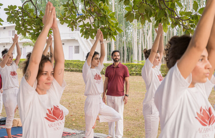 Aspiring yoga teachers practice Tree Pose at a 500-hour YTT at Arhanta Yoga, earning the RYT 500 yoga certification title
