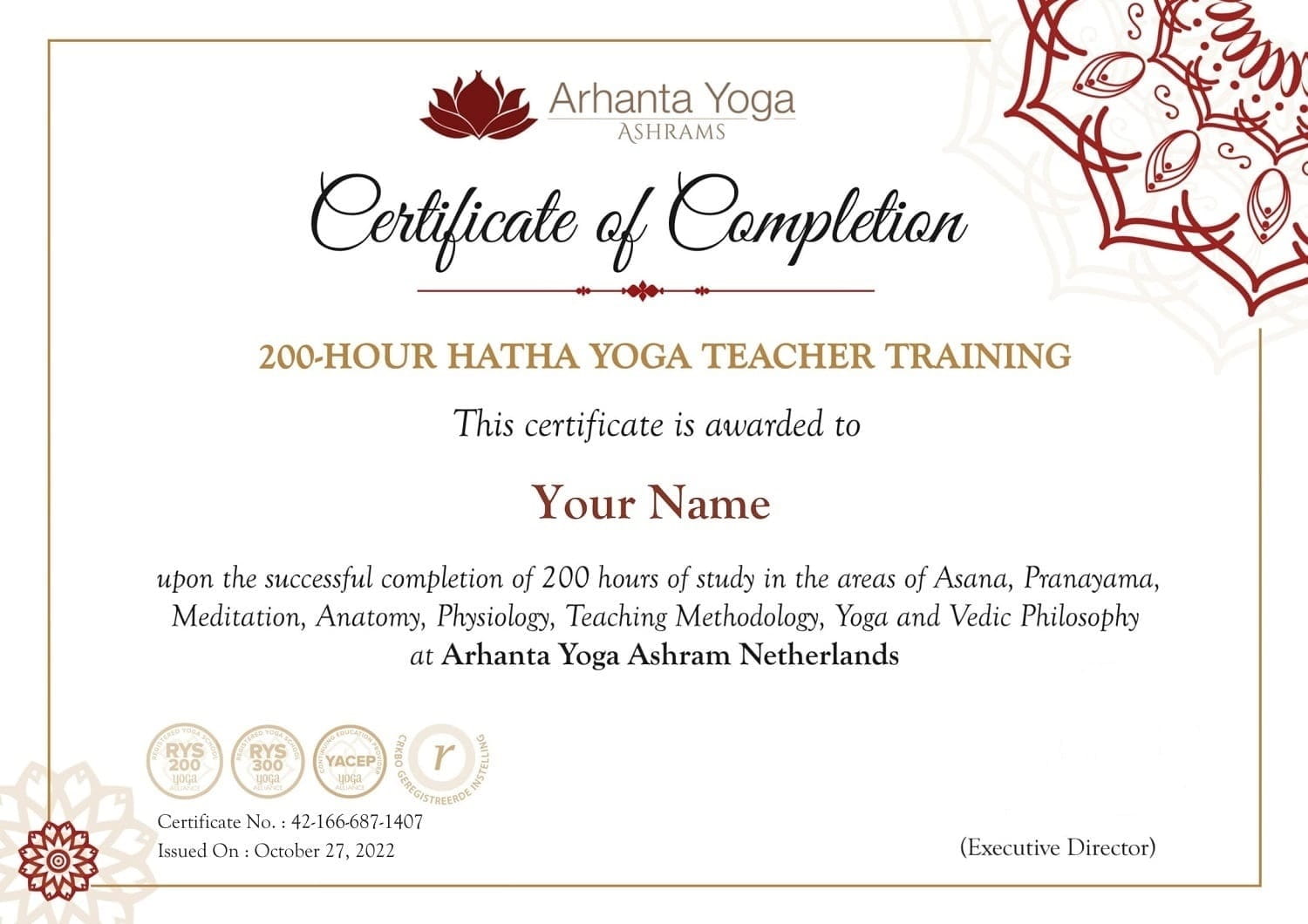 200-hour hatha yoga teacher training certificate awarded at the Netherlands ashram