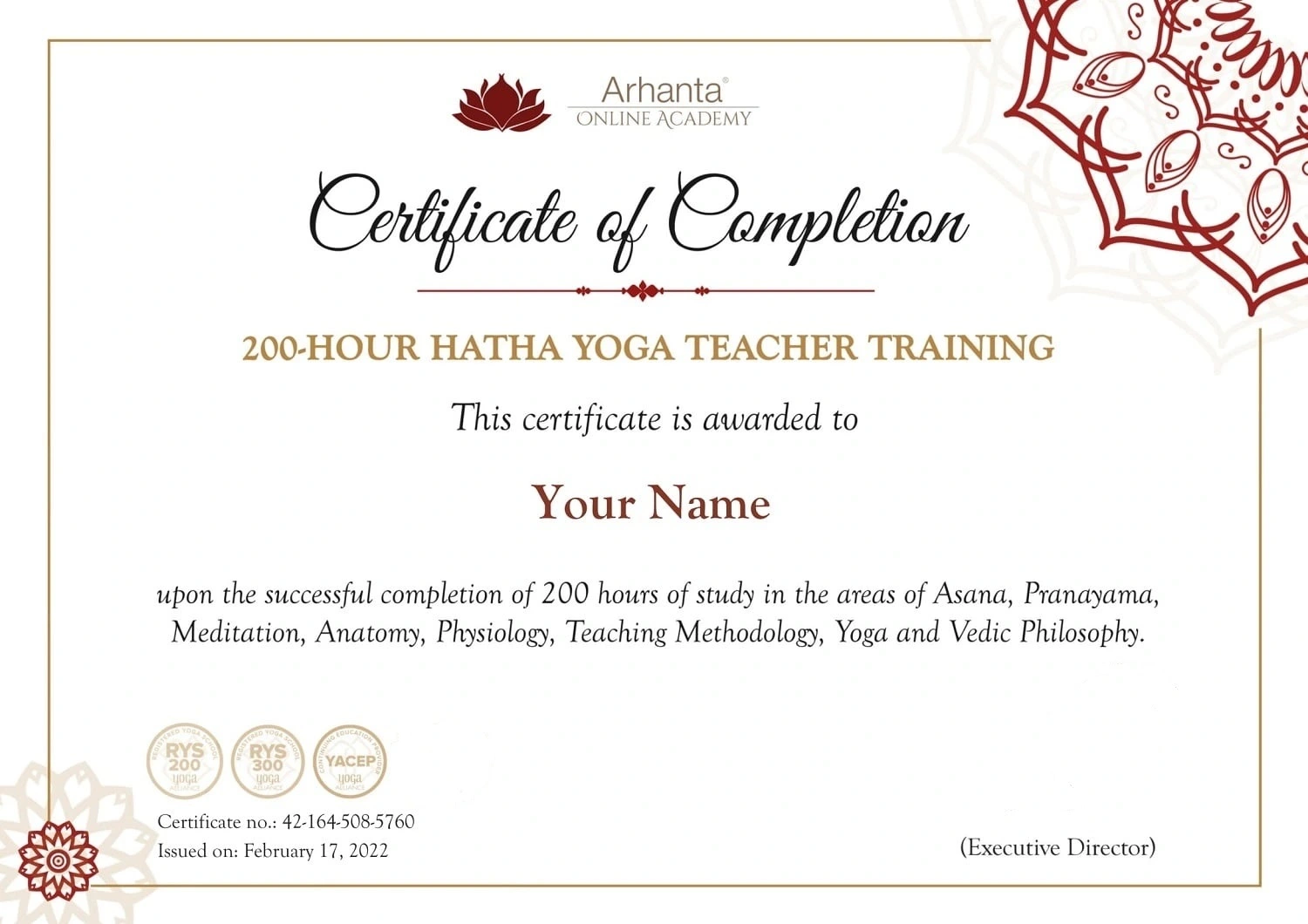200-hour hatha yoga teacher training certificate of completion from Arhanta Yoga