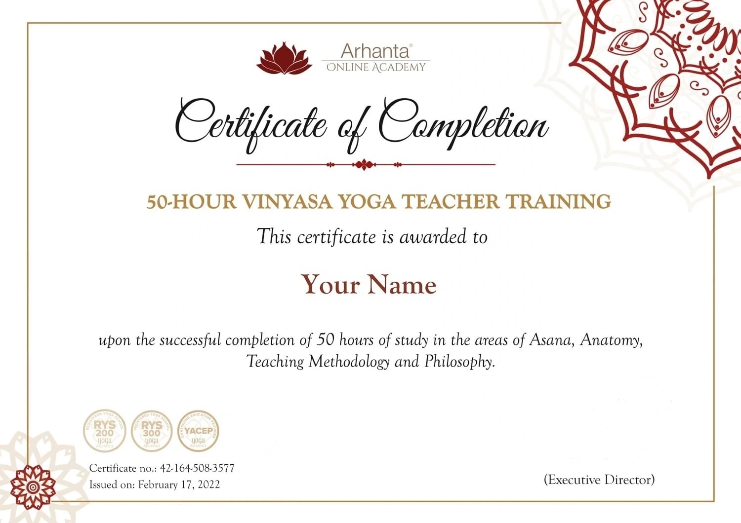 The 50-hour vinyasa yoga teacher training certificate awarded on completion