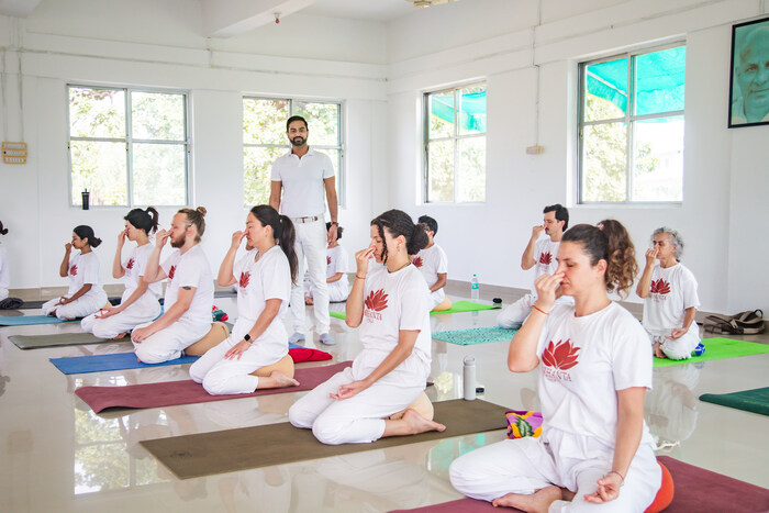 Supervised asana practice during the 200-hour yoga teacher training at the Netherlands ashram