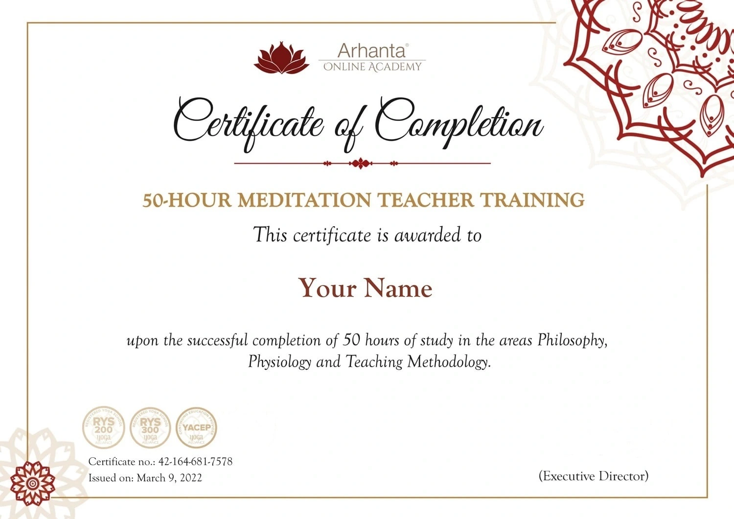 Yoga Alliance accredited 50-hour meditation teacher training certificate of completion issued by Arhanta Yoga