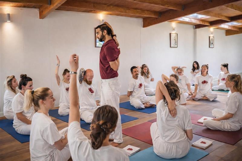 Teacher demonstrating common alignment mistakes during the yoga teacher training