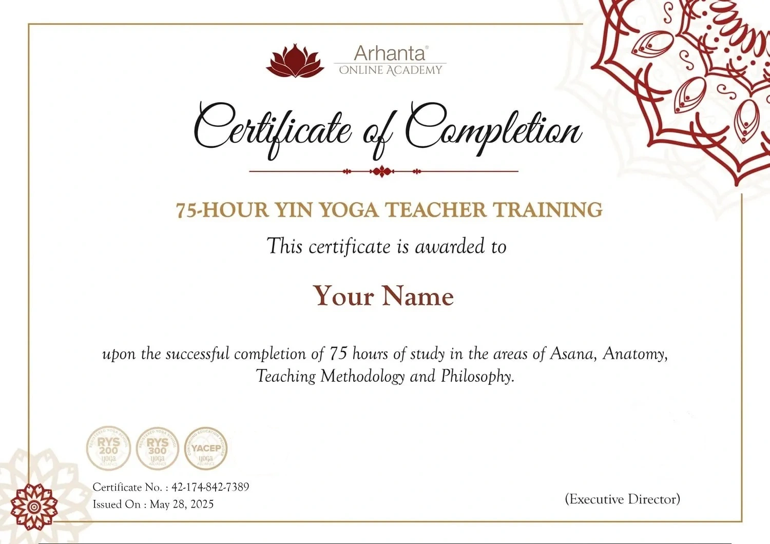 The 75-hour Yin Yoga teacher training certificate awarded on completion of the online course
