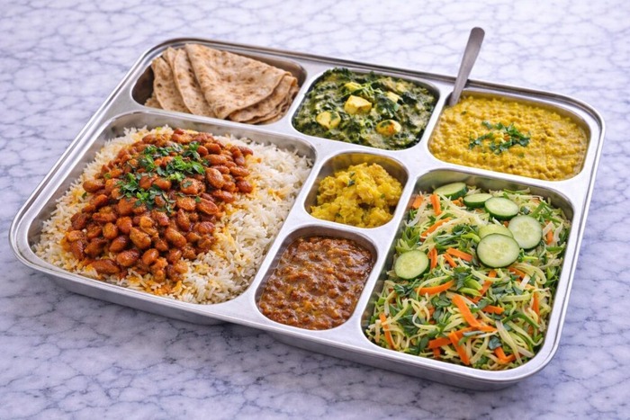Delicious Sattvic meal, containing Rajma Chawal, Roti, Palak Paneer, Yellow Dal and fresh salad