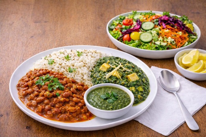 Nourishing sattvic meals including Chickpea, Paneer, Green chutney and rice