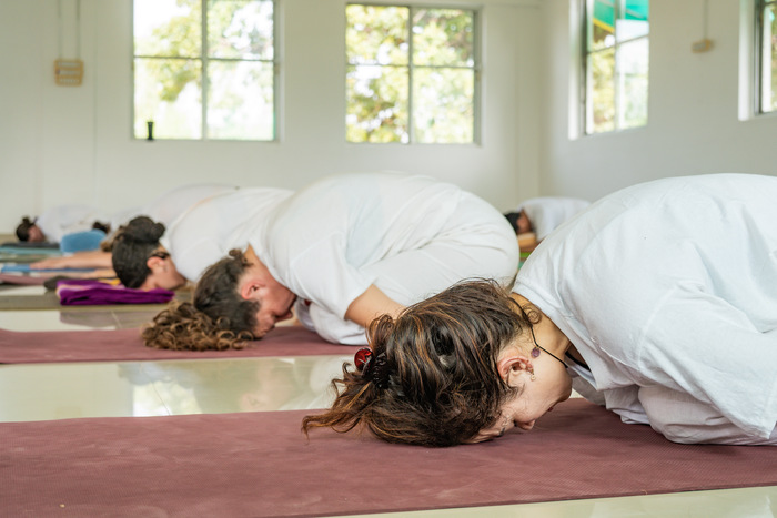 YTT students practicing Balasana in the yoga hall Women practicing Balasana together in a yoga ashram for core strength