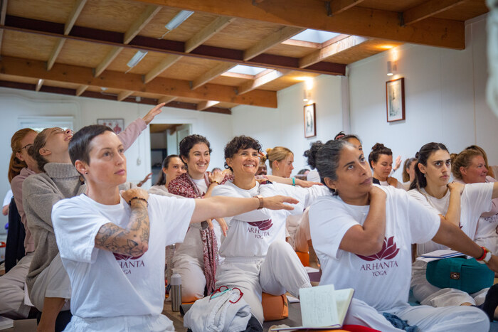 Students learning yoga alignment and teaching techniques during Yoga teacher training